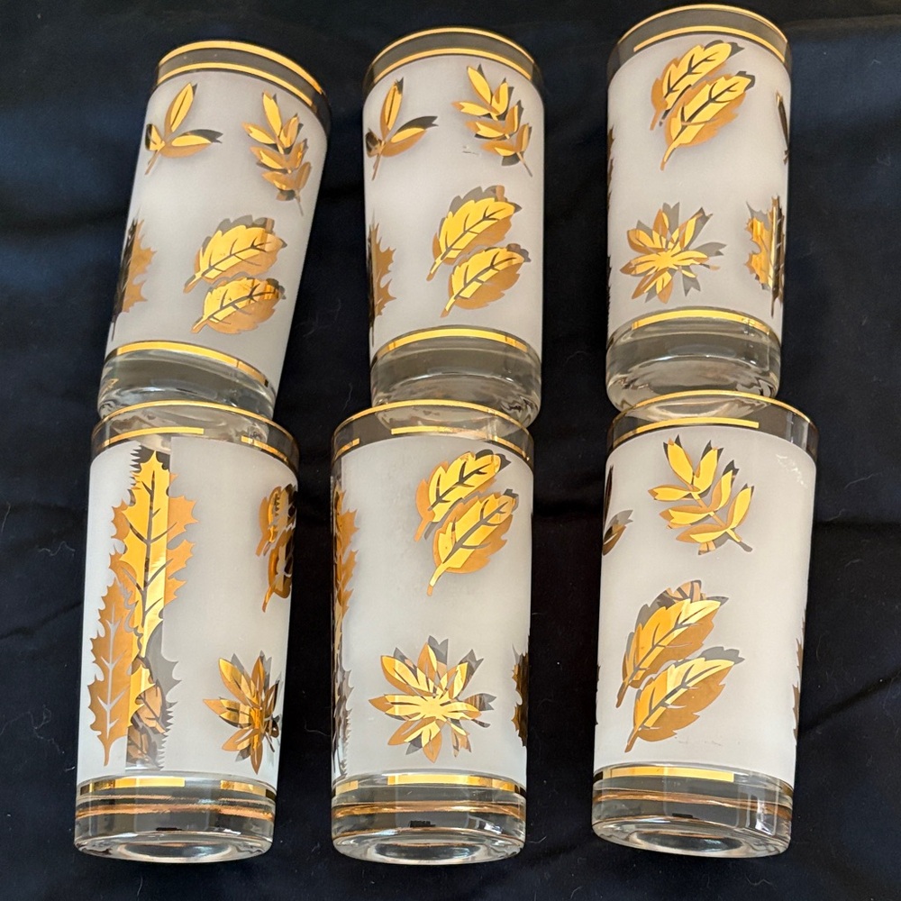 Vintage Mid Century Libbey Golden Foliage Tom Collins Glasses Set of 6.